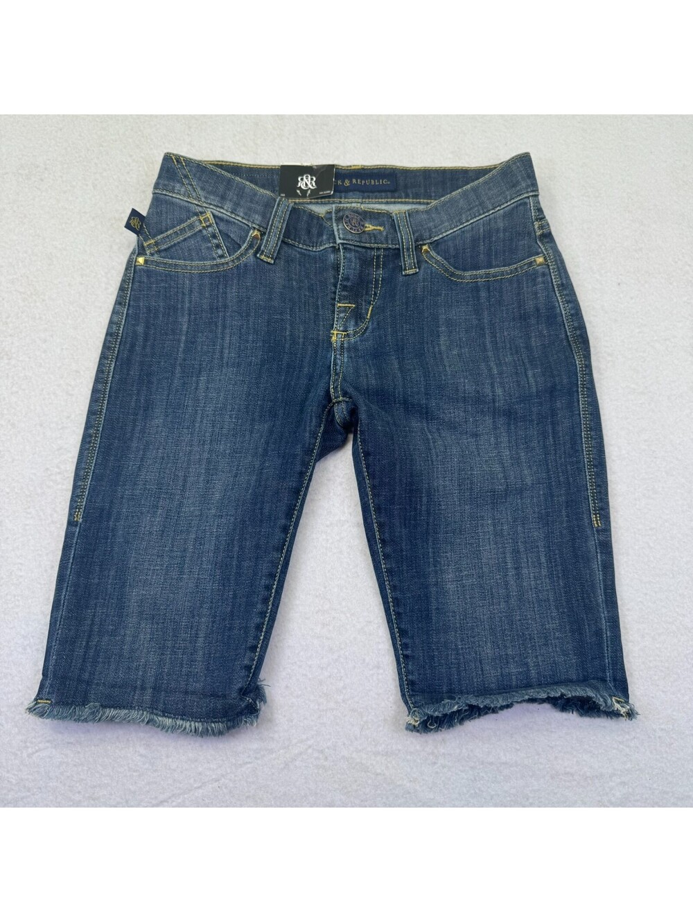 Rock & Republic Bermuda Shorts Size 0 "Coachella" Blue Fitted Jean Fringed Edge